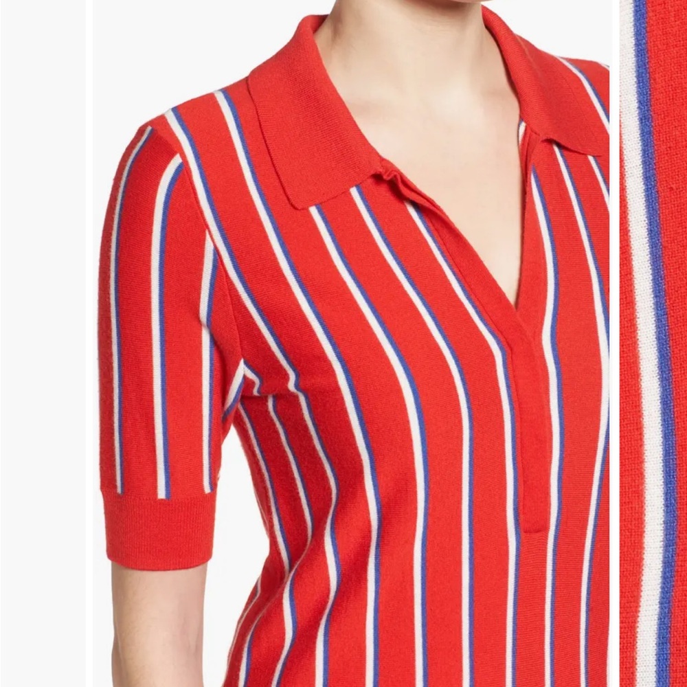 Halogen Red Polo Top with Blue & White Stripes